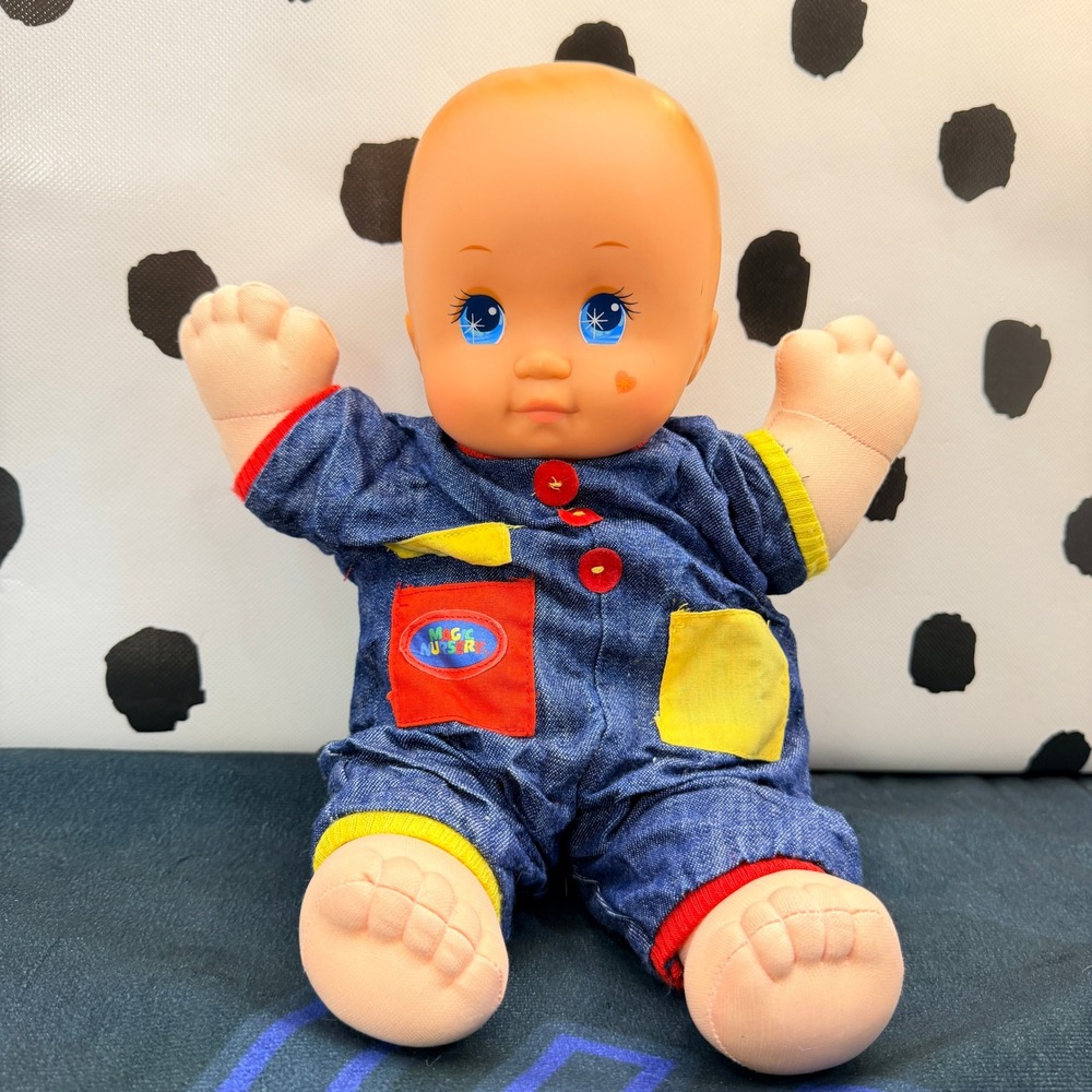 Vtg 1989 Mattel Magic Nursery Baby Doll Blue Star Eyes Cheek Heart Romper 12"